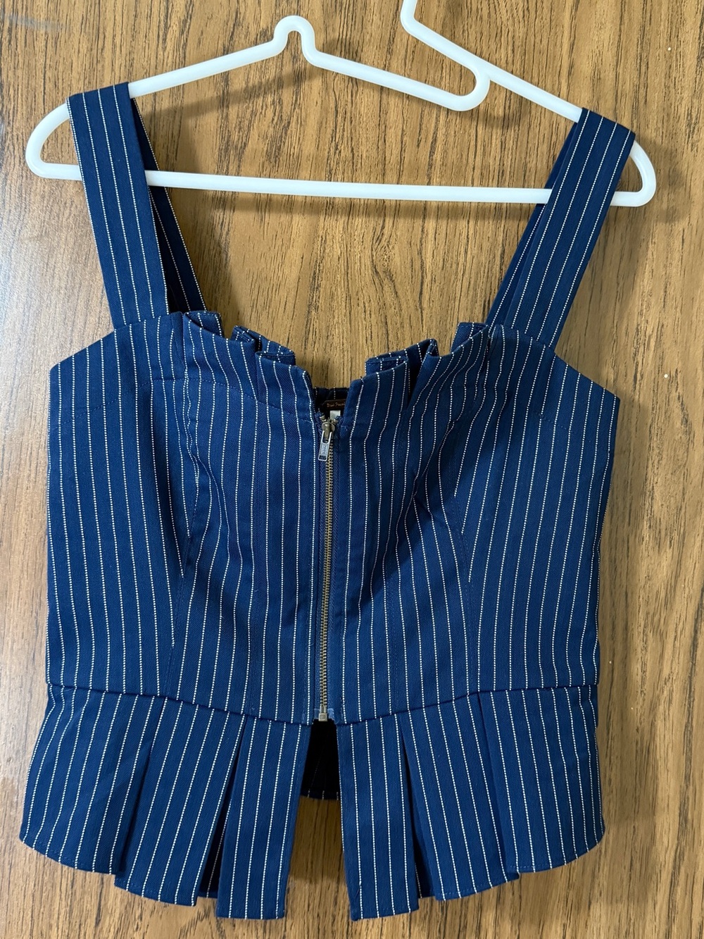 Free People Navy Pinstripe Cropped Zip Bustier